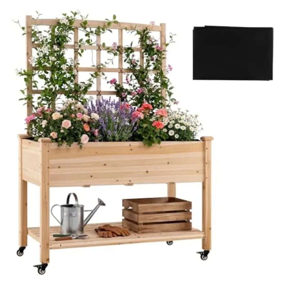 Raised Garden Bed - 65'' Wooden Raised Garden Bed w/Trellis